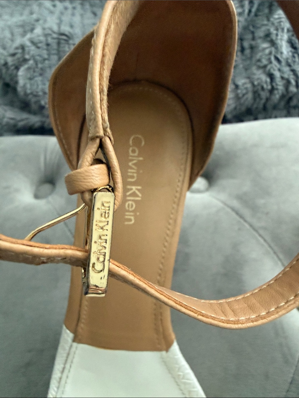 Calvin Klein White and Tan Two-Tone Ankle Strap Heels - Picture 4 of 11